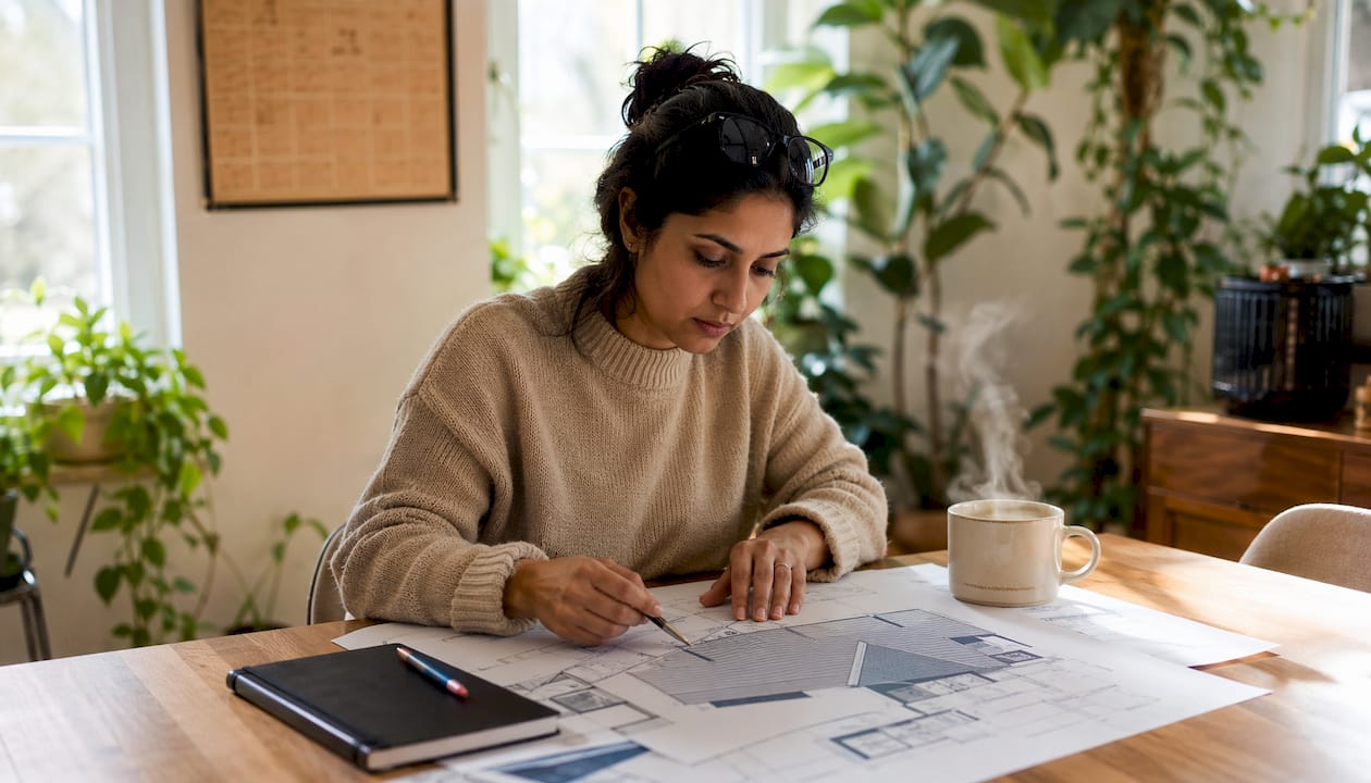 Homeowner studying roof structural plans indoors