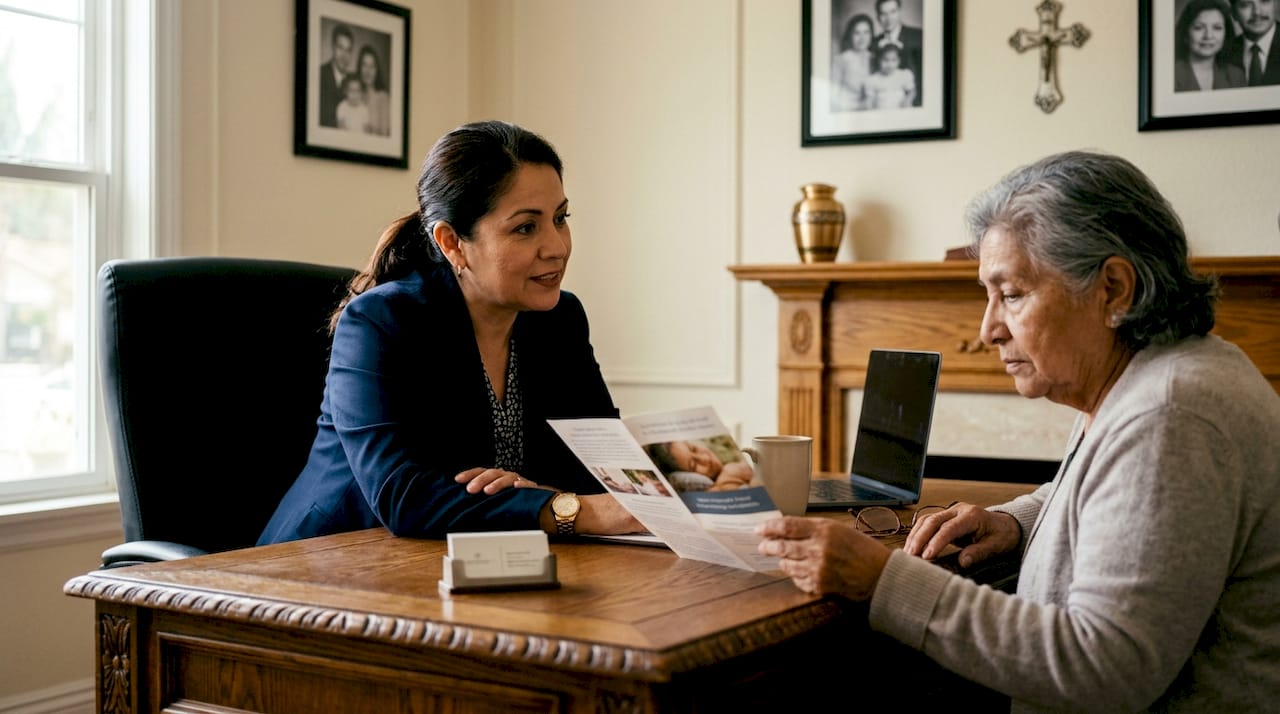 Funeral director consulting client in office