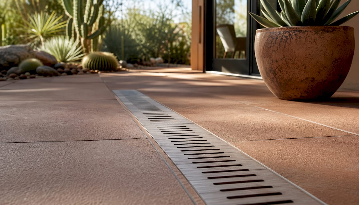 Inconspicuous stainless steel drainage grate in patio