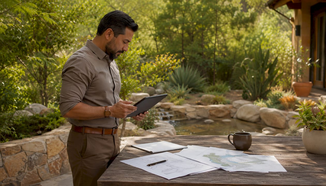 Hands holding tablet and stormwater design tools