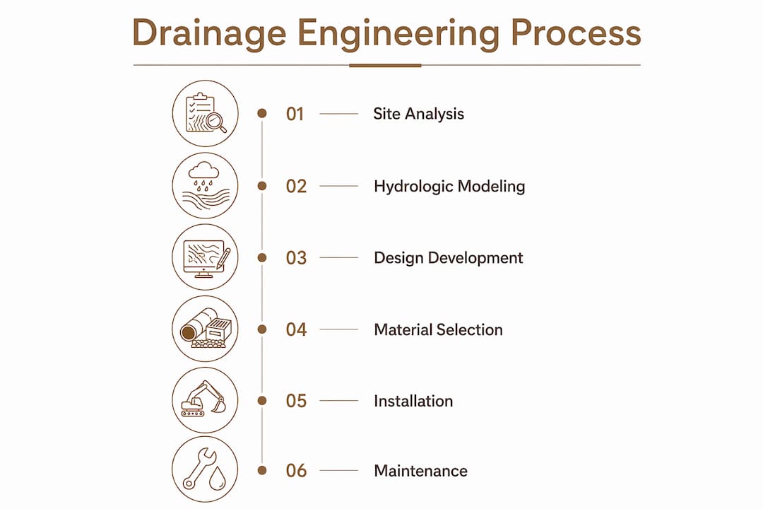 Infographic illustrating drainage engineering process steps
