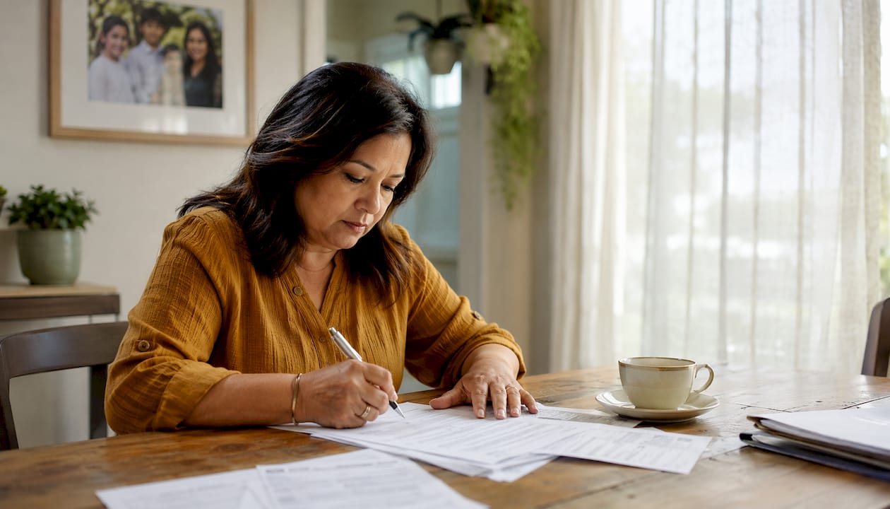Woman filling death certificate form at home
