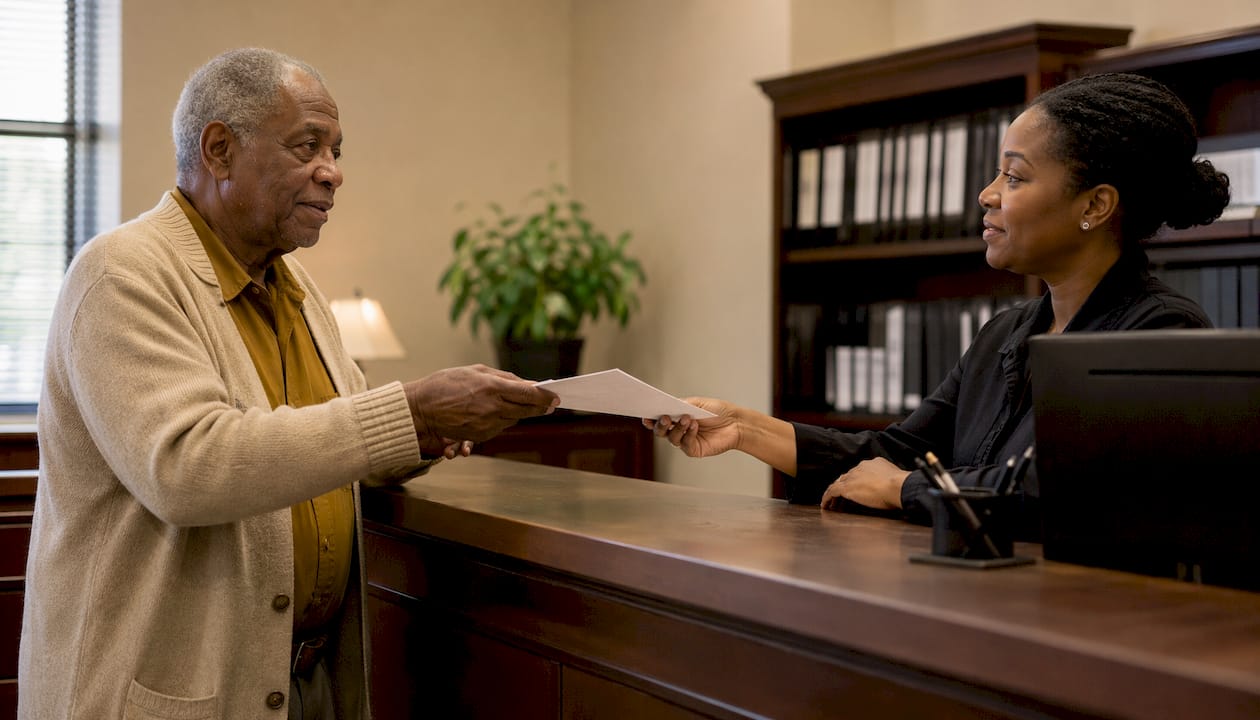Man submitting death certificate request in office