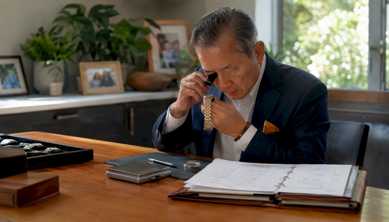 Man appraising valuable watch at desk