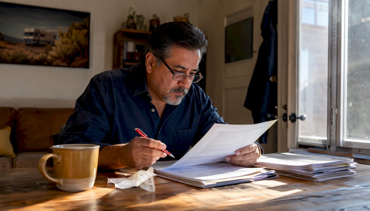 Man reviewing lemon law documents at home table