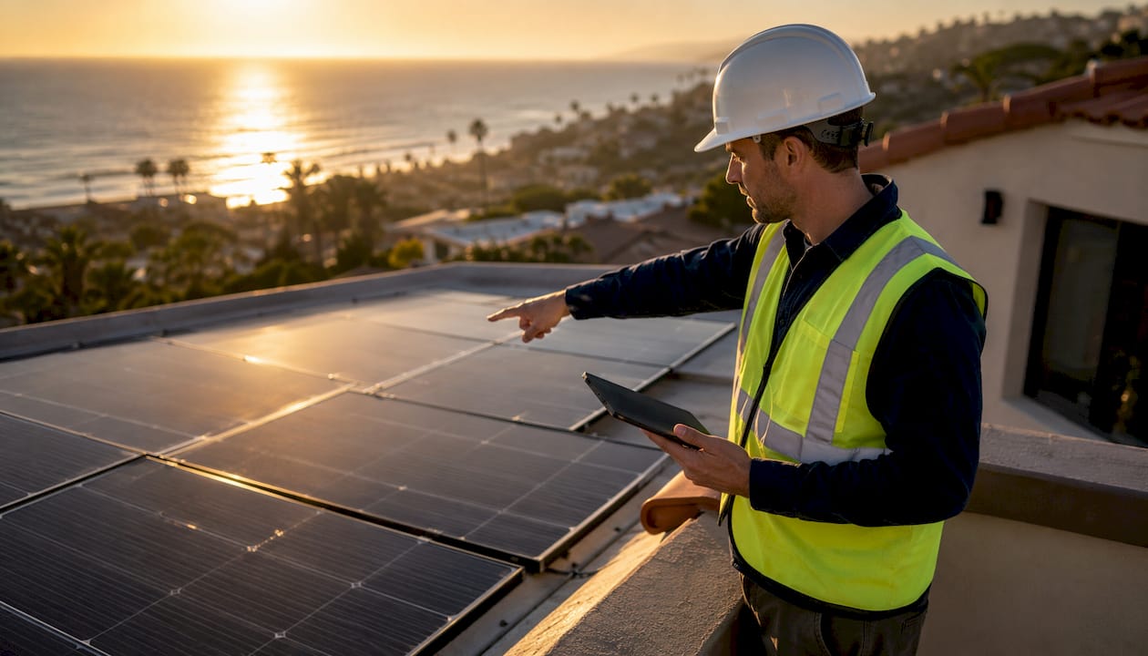 Solar installer inspecting rooftop panels
