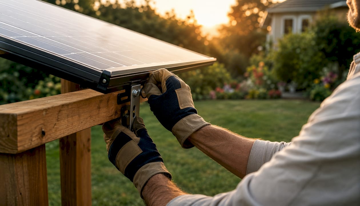 Technician adjusting solar panel tilt angle