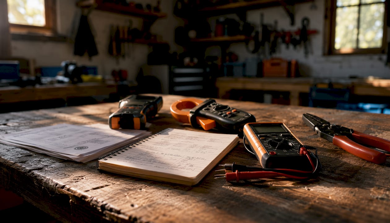 Solar installation inspection tools arranged on table