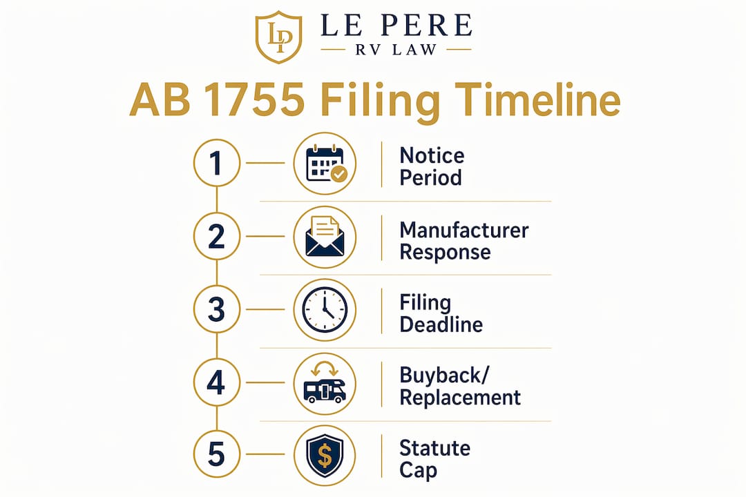 Infographic showing AB 1755 lemon law filing timeline with key steps