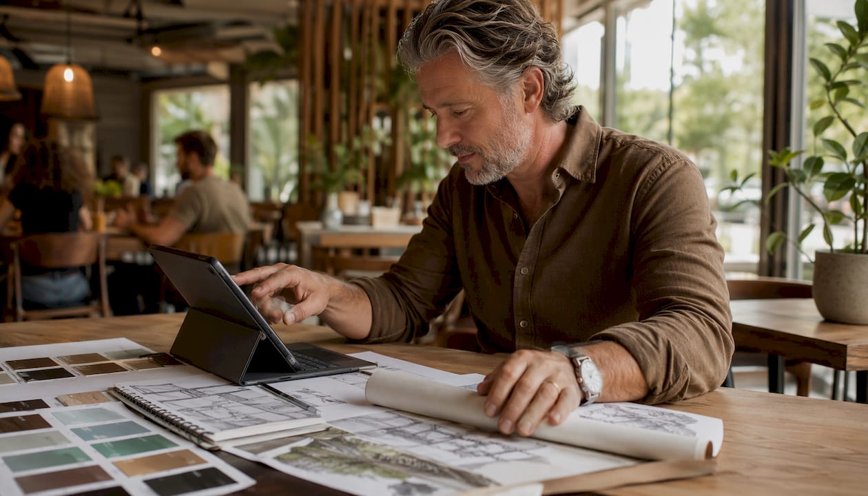 Landscape designer reviewing 3D rendering on computer in office