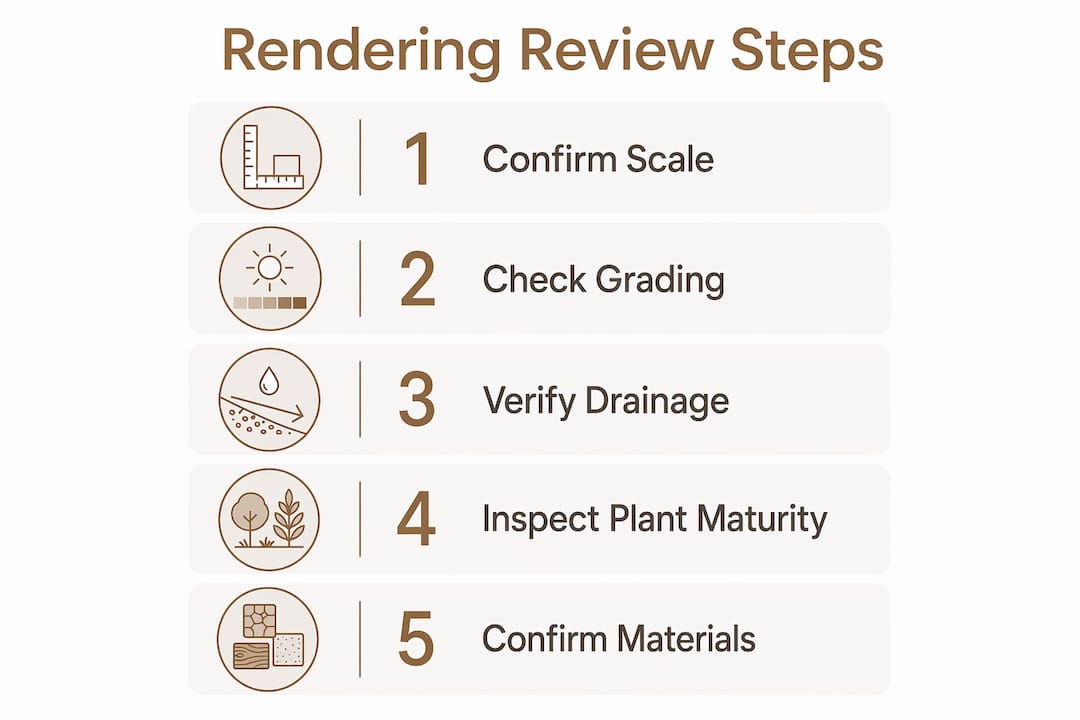 Infographic showing step-by-step 3D rendering review checklist