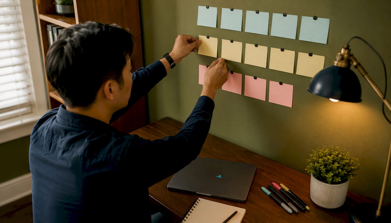 Hands arranging content targeting notes