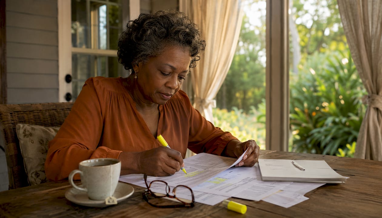 Woman reviewing homeowners insurance policy at kitchen table