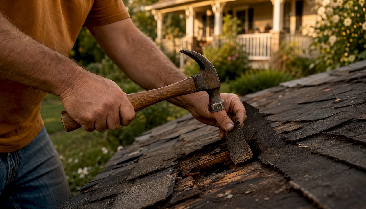 Hands repairing roof after insured damage