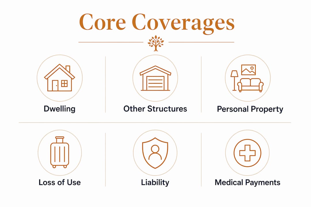 Infographic illustrating the six core homeowners insurance coverages