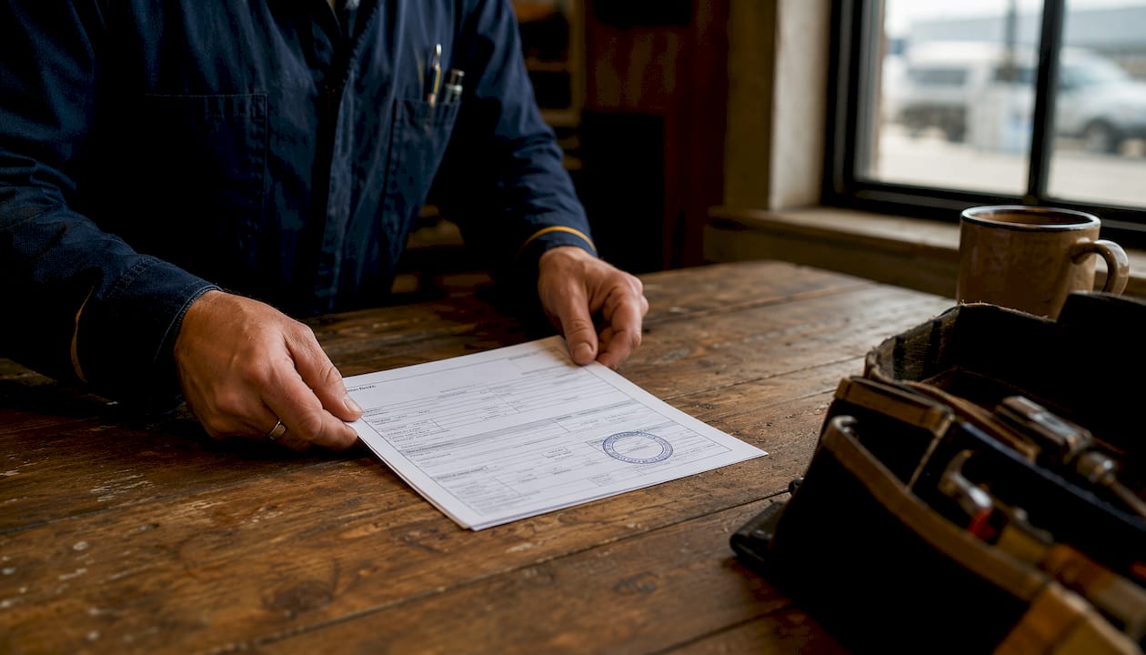 Stamped vehicle repair order on desk