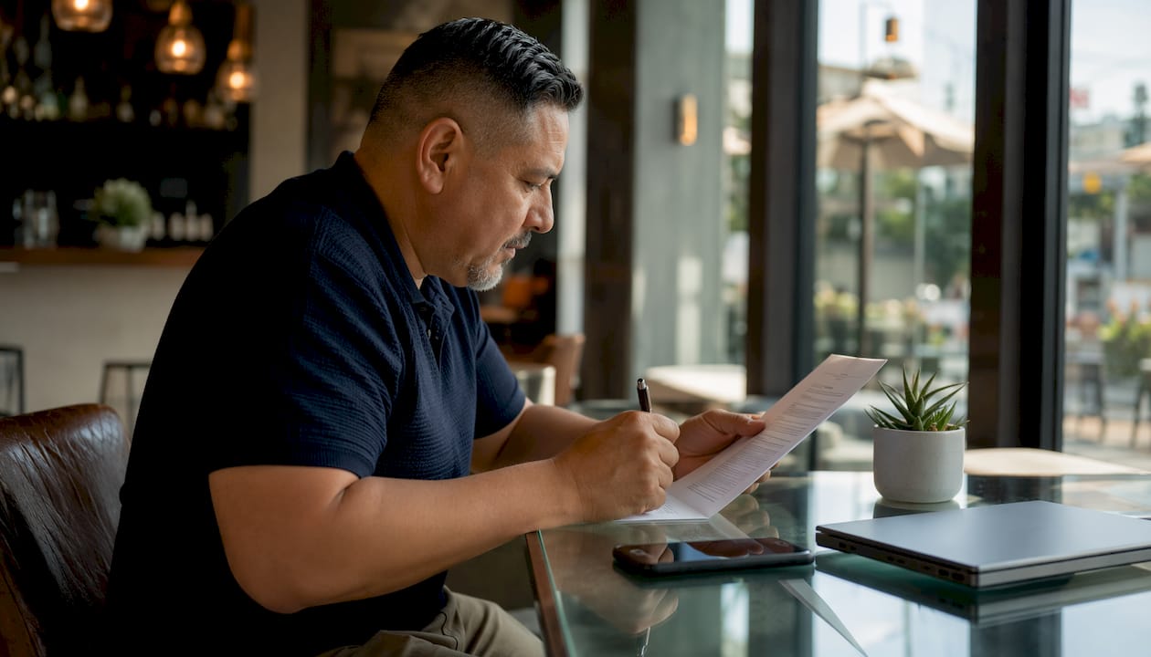 Homeowner reviewing solar contract at kitchen table