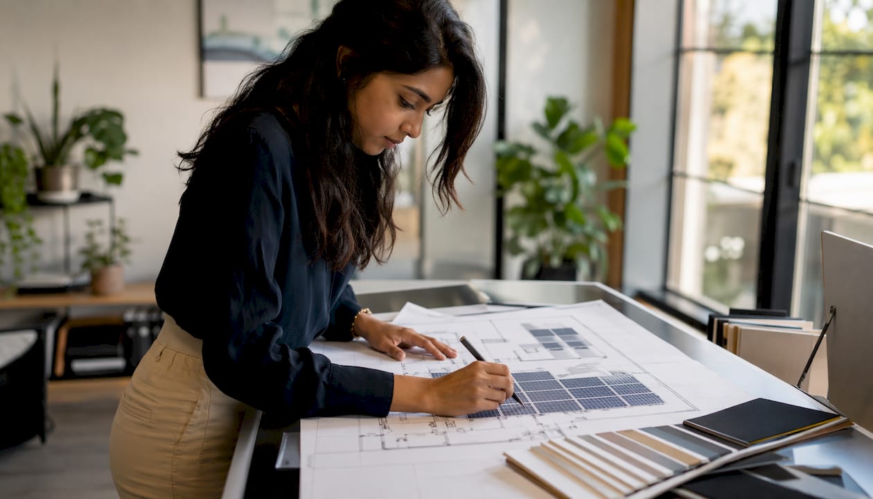 Solar designer sketching rooftop system layout