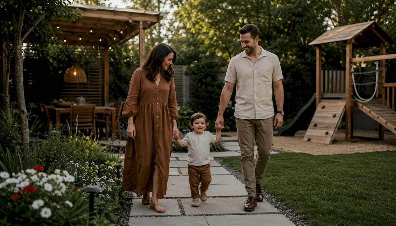 Family walking through zoned outdoor living rooms