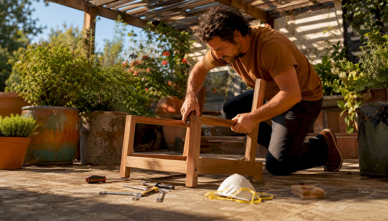 Craftsman assembling outdoor furniture frame