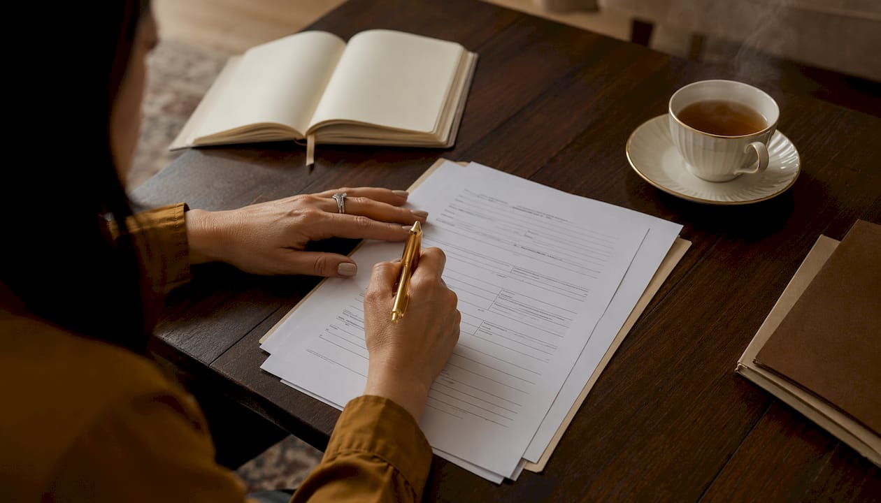 Close-up of hands signing insurance assignment form