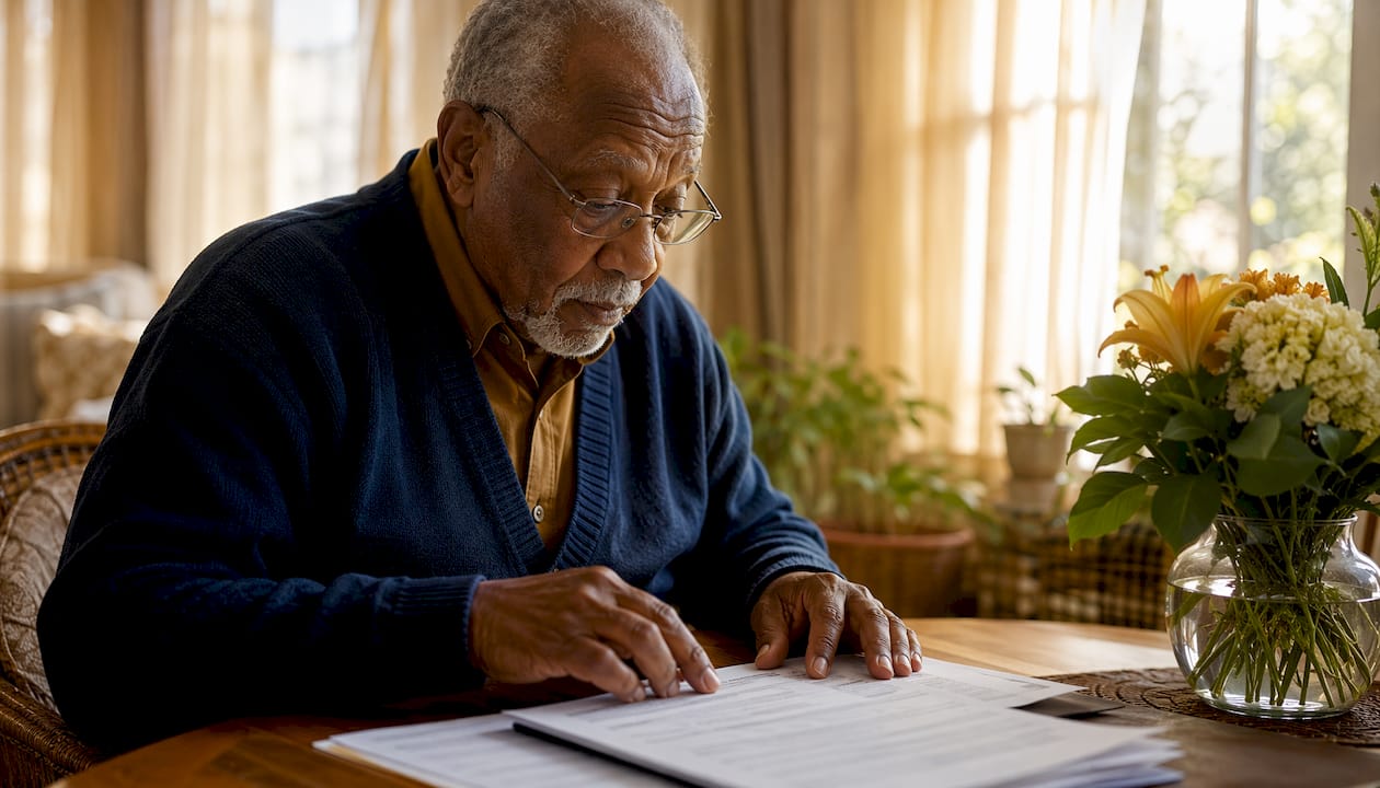 Elderly man reviewing funeral preplanning documents
