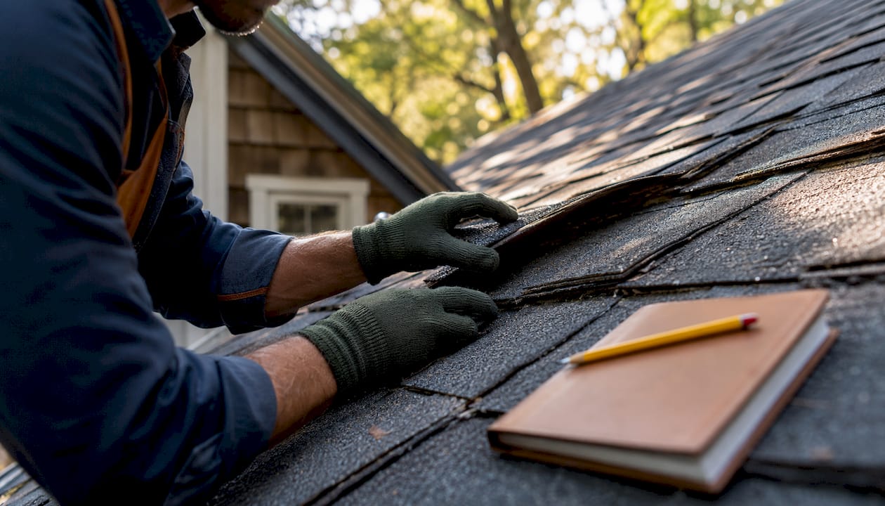 Hands inspecting asphalt roof shingles closely