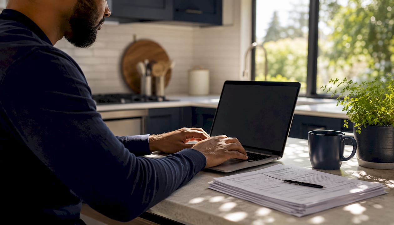 Hands typing at laptop with solar paperwork