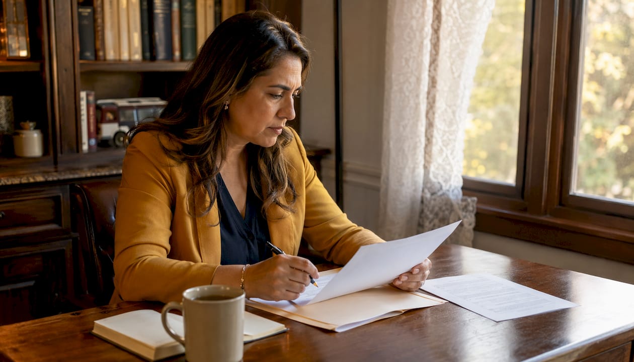 Woman reviewing vehicle sales paperwork at home