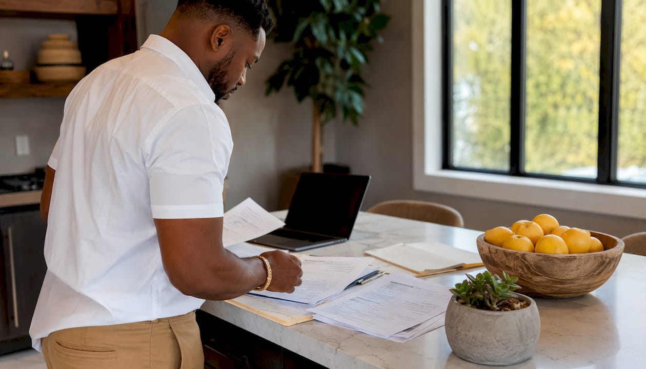 Hands sorting vehicle repair documents on desk
