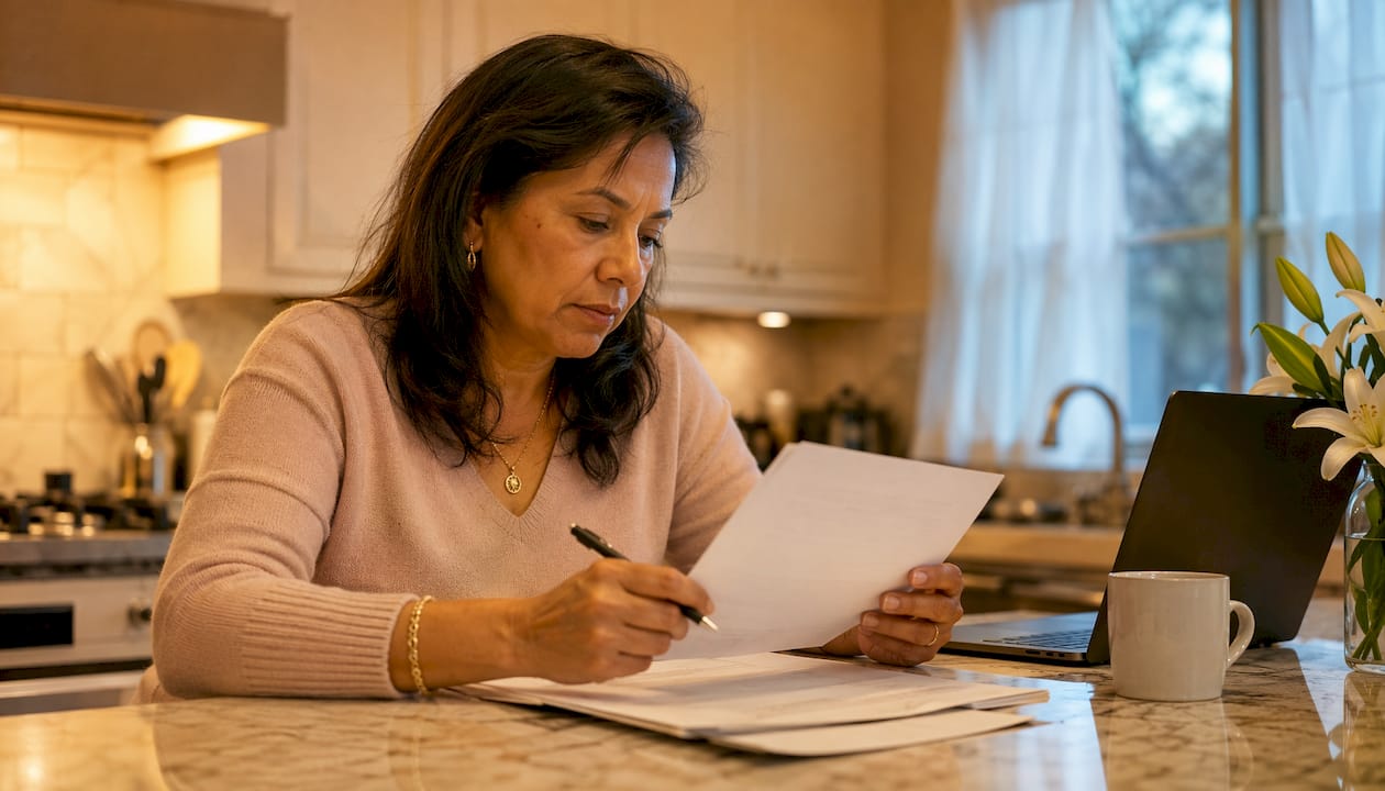 Woman reviewing funeral documents at home desk