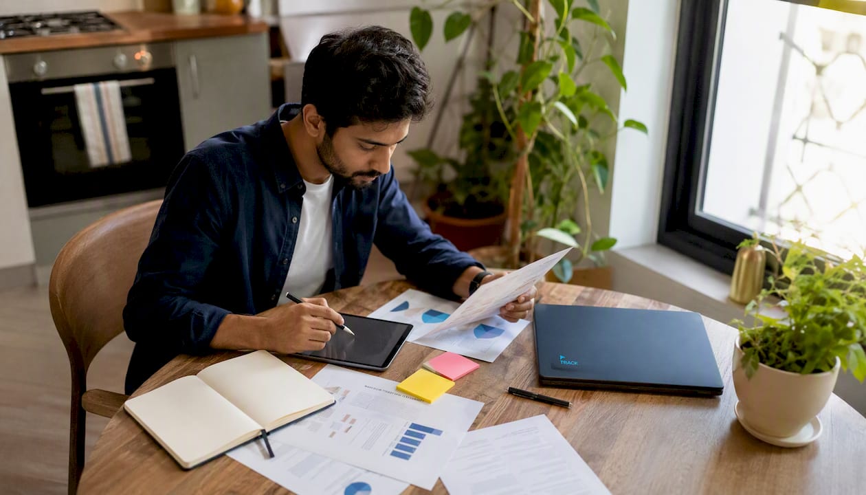 Man planning paid social campaign in office