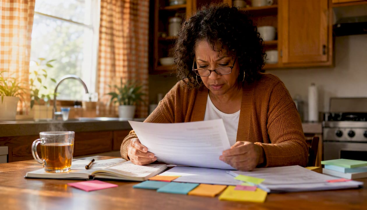 Homeowner reviewing insurance documents at kitchen table