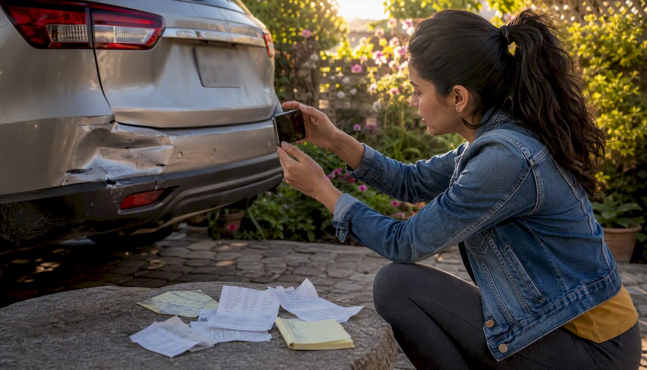Person photographing vehicle damage for records