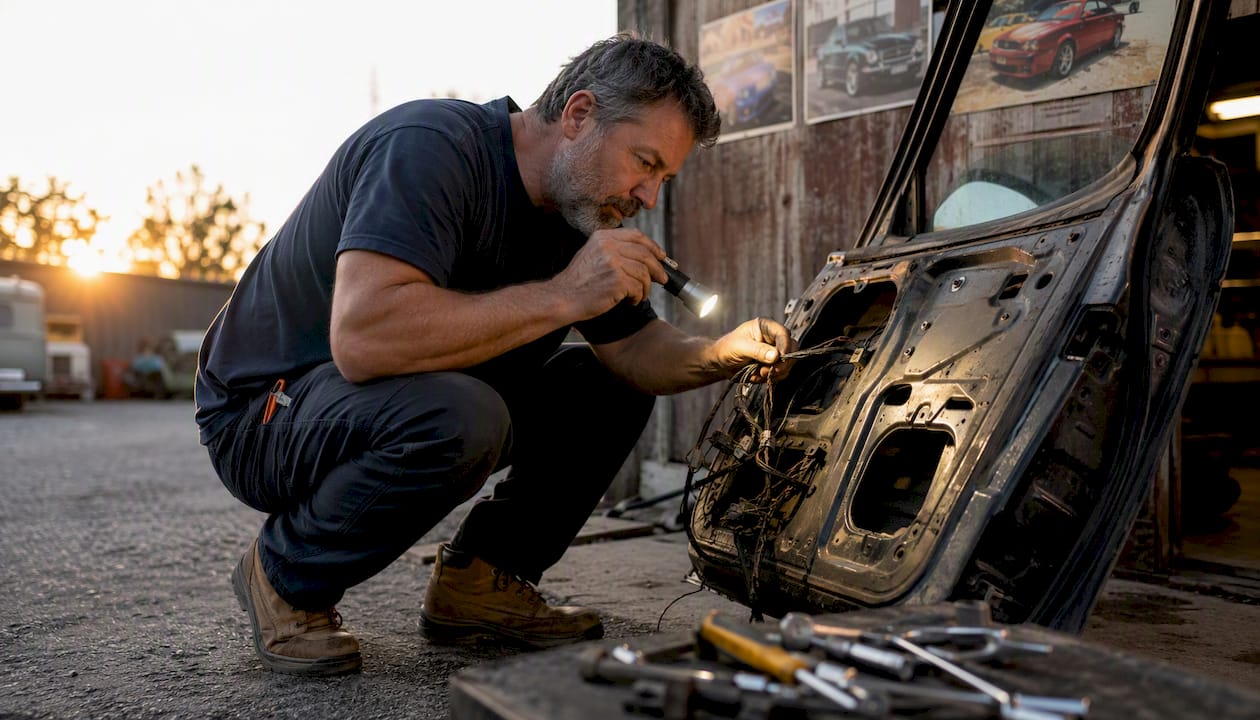 Mechanic inspecting defective vehicle parts