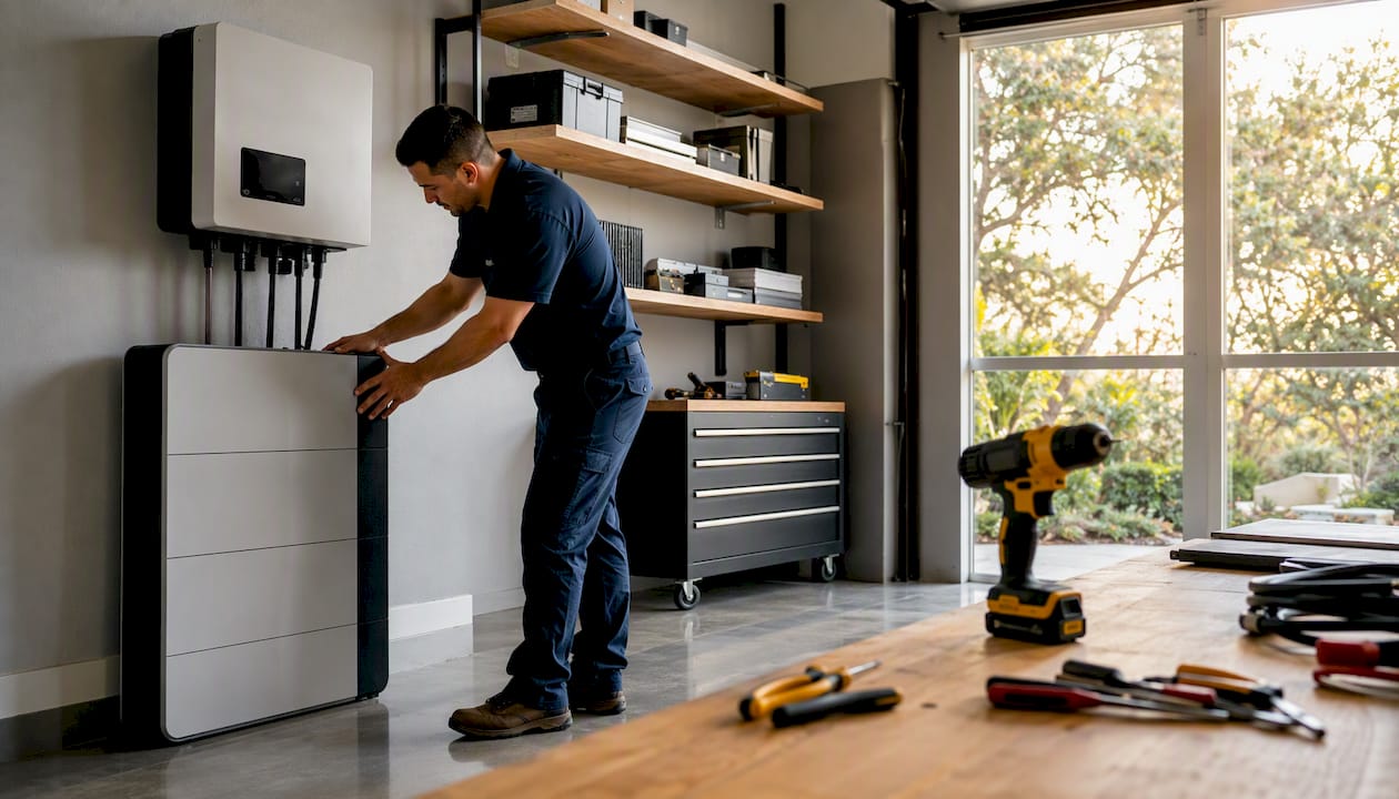 Technician installing home battery storage unit indoors