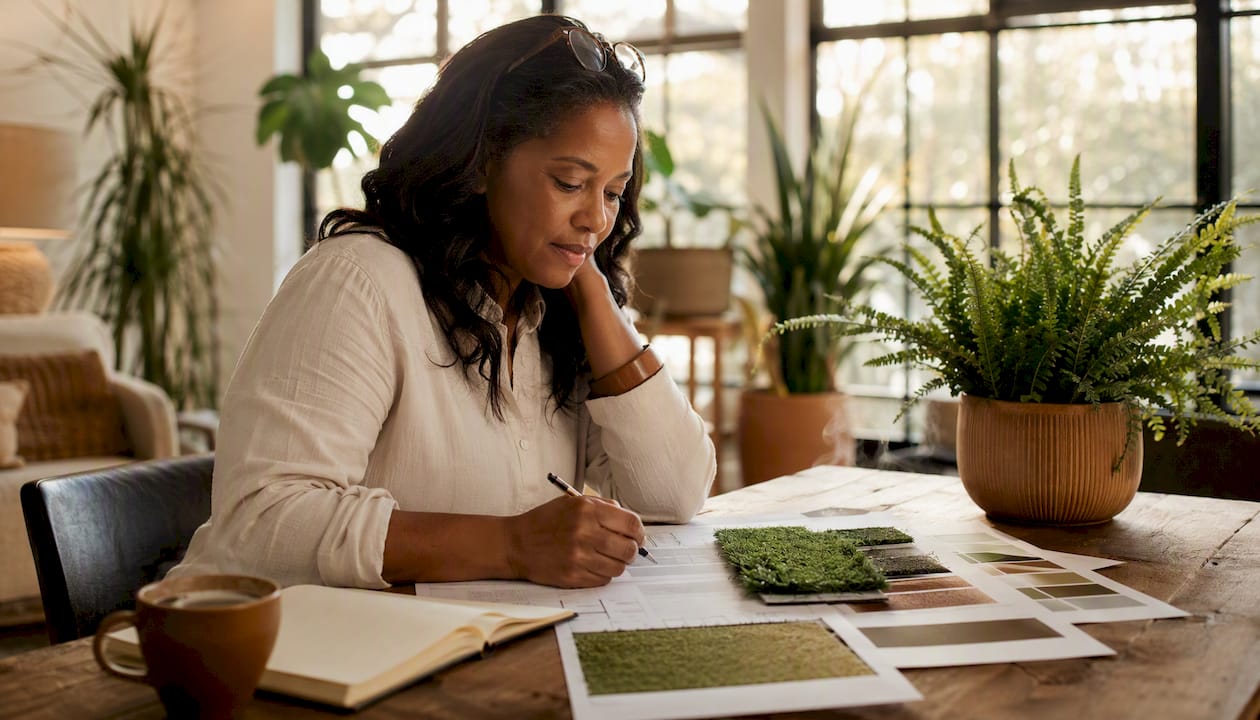 Landscape designer reviewing turf project documents