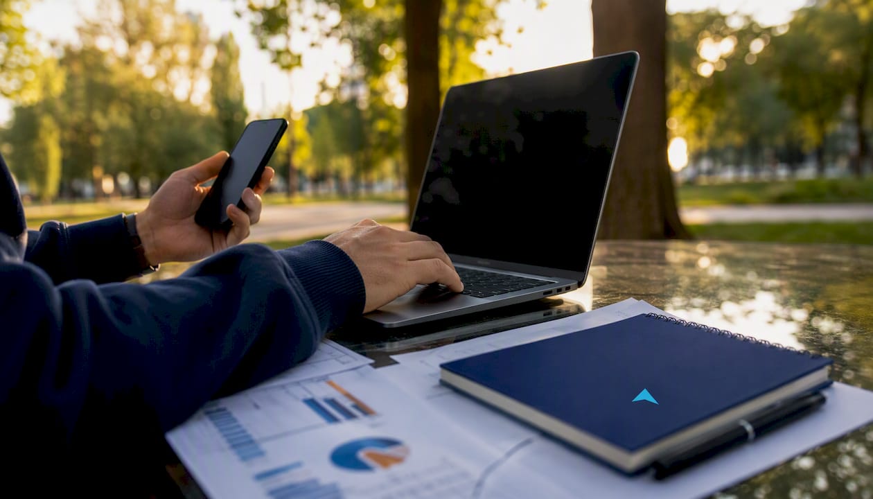 Hands using smartphone and laptop to track affiliate clicks