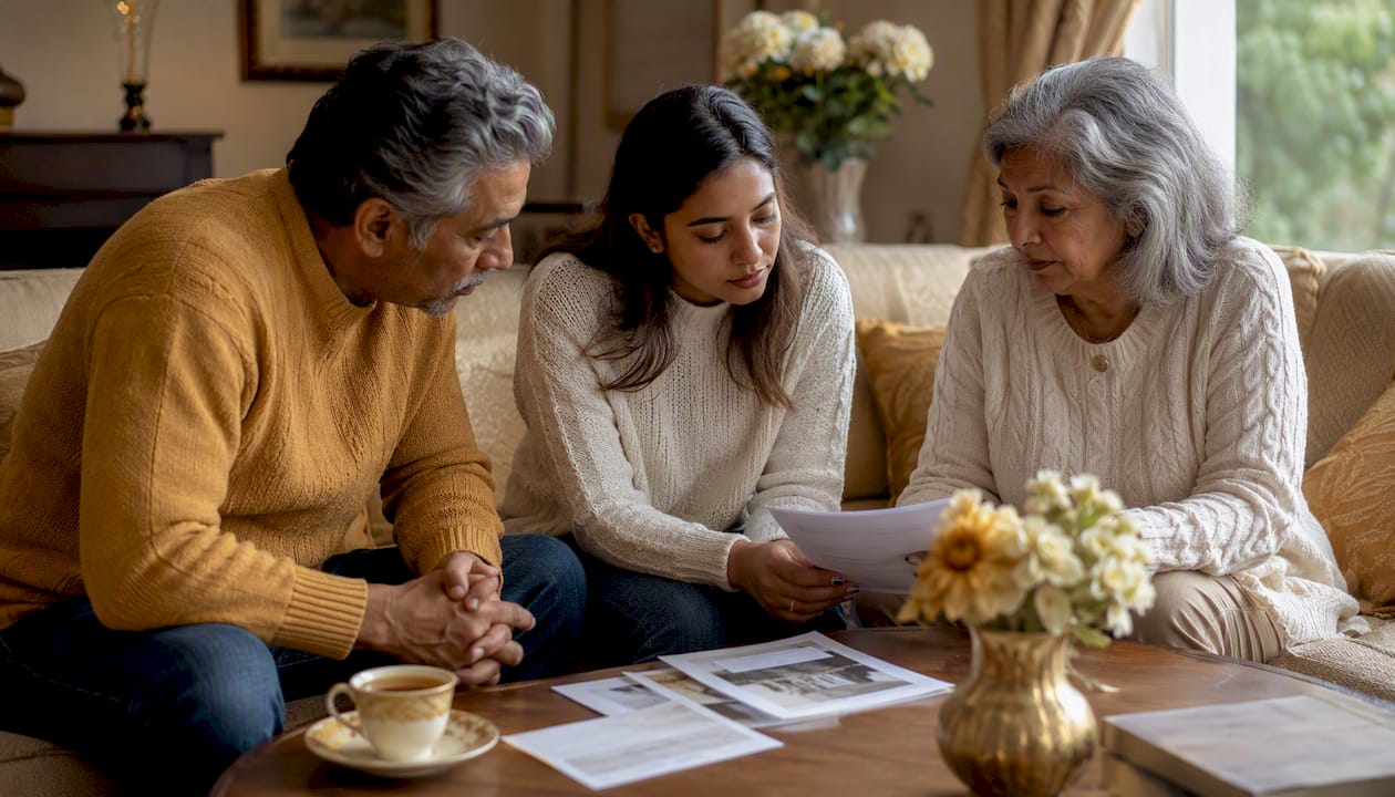 Family discussing funeral planning around table