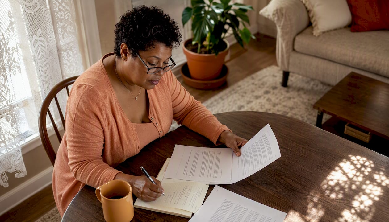 Homeowner reviewing insurance policy documents at kitchen table