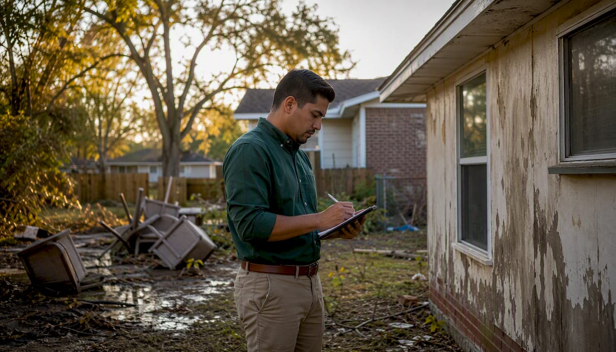 Insurance adjuster inspecting home damage indoors