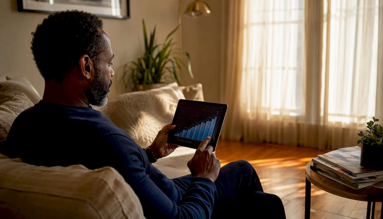 Man viewing utility bill escalation on tablet