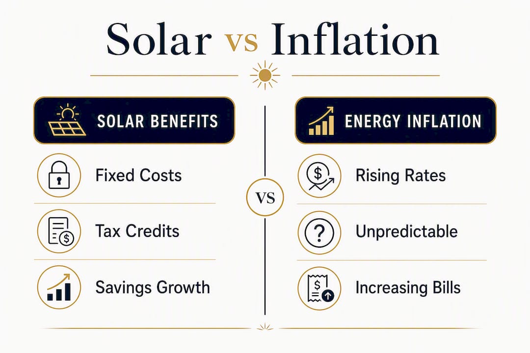 Infographic comparing solar benefits and energy inflation