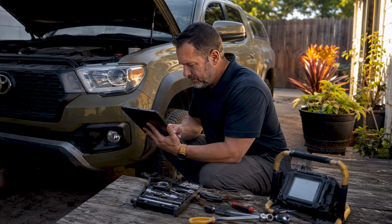 Technician diagnosing Toyota Tacoma infotainment issues outdoors