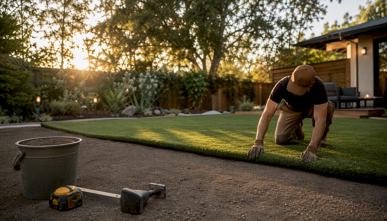Close-up of hands installing artificial turf