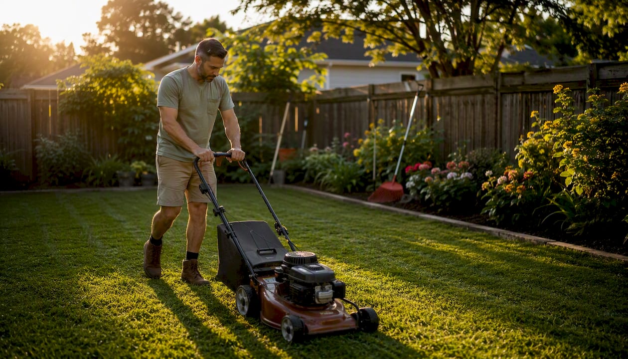 Aerial view of gardener mowing grass lawn