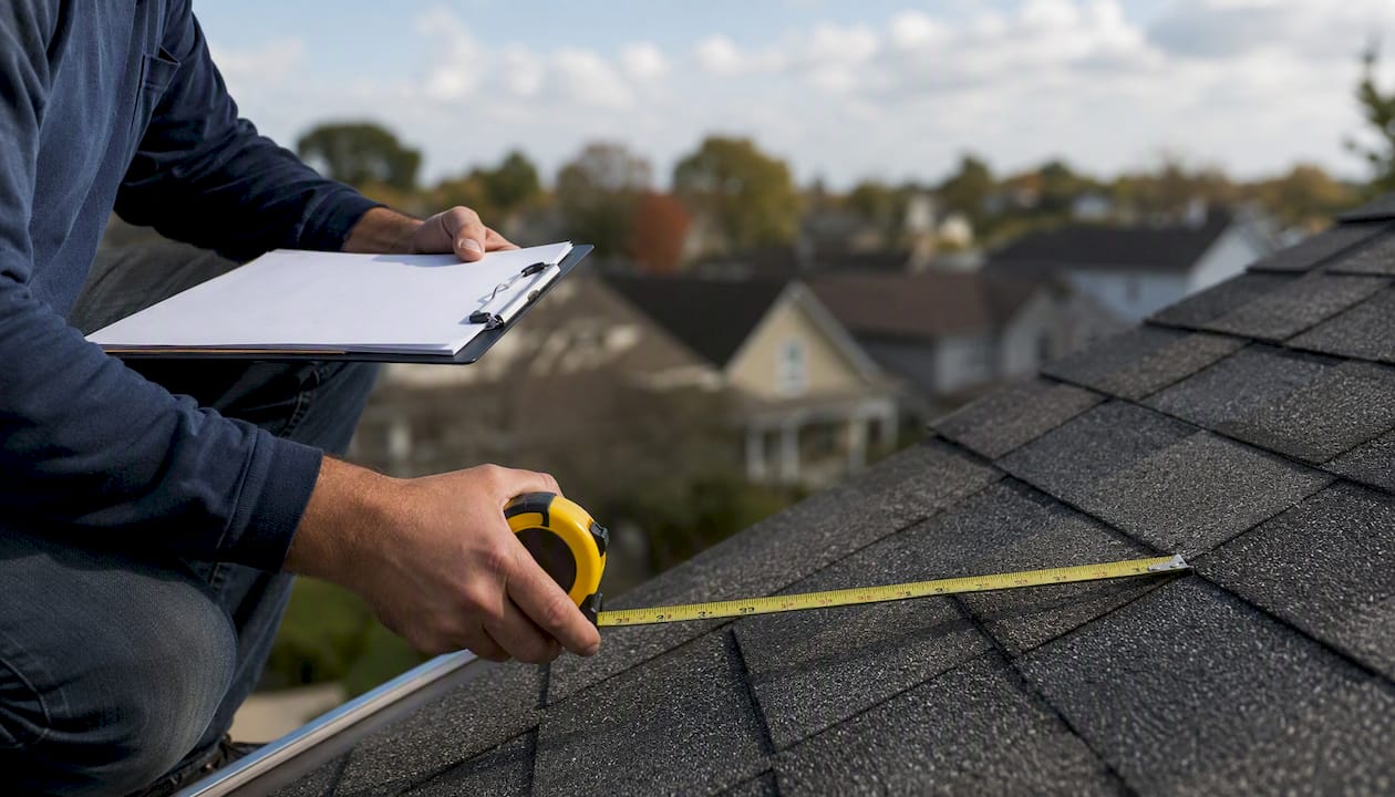 Roofing contractor measuring roof details outdoors