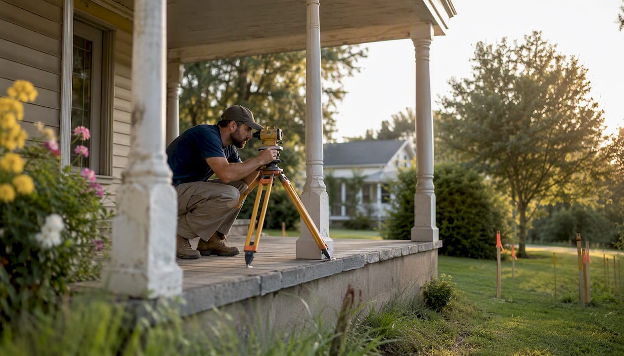 Surveyor measuring property elevation outdoors