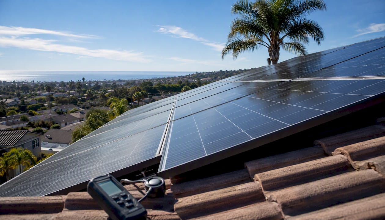 Close-up of rooftop solar panel in sunlight