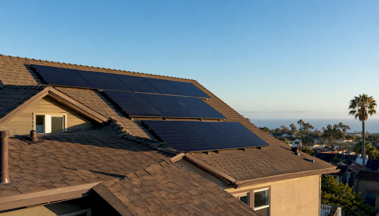 Compact solar panel layout on multi-story roof